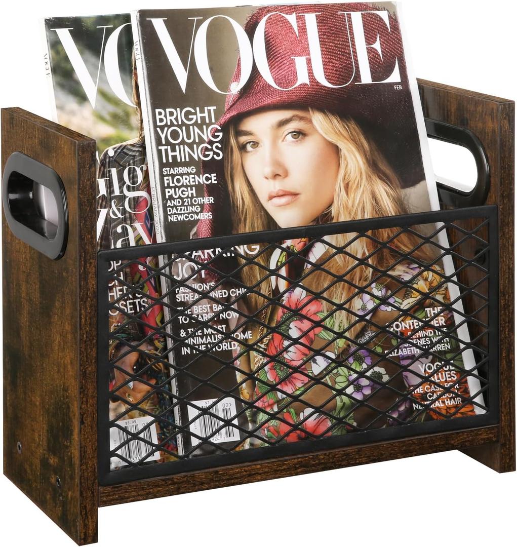 YINMIT Magazine Holder, Magazine Rack for Desktop and Home Office, Farmhouse File Storage Basket for Letters, Magazines, Books, Newspapers (Small) (Small, Rustic Brown)