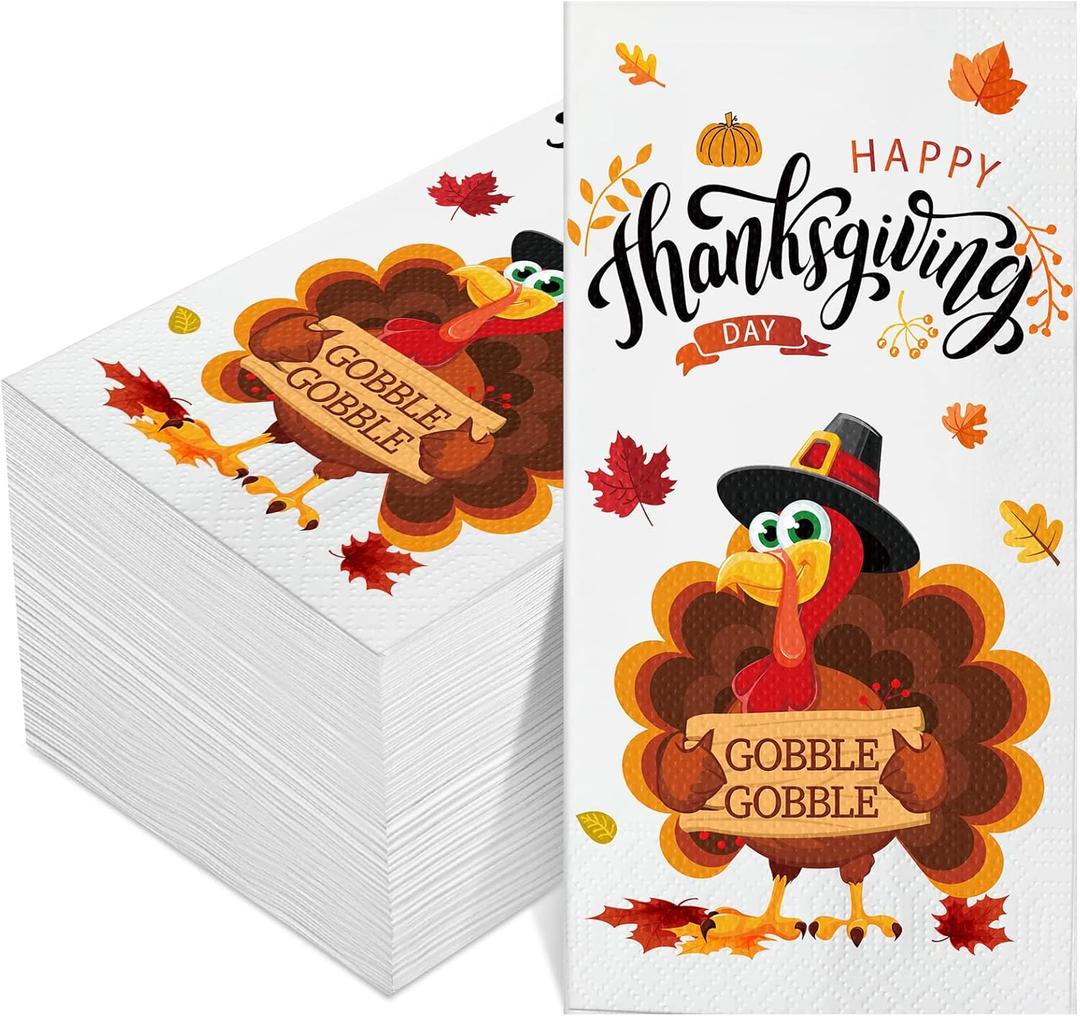 100 Pcs Thanksgiving Napkins Turkey Guest Paper Napkins Fall 3 Ply Happy Thanksgiving Day Pumpkin Maple Leaf Disposable Hand Towels for Kitchen Dinner Bathroom Autumn Harvest Party Decor
