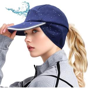 Winter Hat with Ponytail Hole for Women, Pony Tail Hat Waterproof Cap, Stylish Ponytail Winter Hats, Warm, Modern for Outdoor (Medium-Large, Navy Blue)