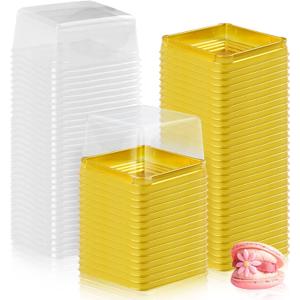 100 Set 3" Mini Cupcake Containers Plastic Square Containers with Lids Cupcake Boxes Muffin Pod Dome Muffin Single Individual Container Box for Wedding Birthday Gifts Supplies (Golden)