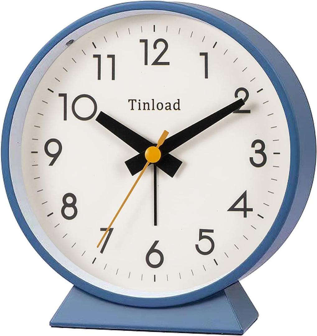 Tinload 4.5" Battery Operated Analog Alarm Clock, Small Silent Bedside Desk Clock with Night Light, Blue