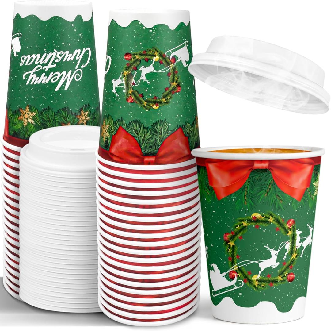 JOYEUX Christmas Disposable Coffee Cups with Lids 12 oz, To Go Coffee Cups, Holiday Paper Cups for Hot Cocoa, Hot Chocolate, Drinks Supplies, Xmas Dinner Party - 40 Pack