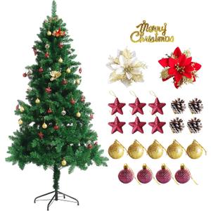 6ft Green Artificial Christmas Tree, Christmas Pine Tree for Home Party Christmas Decorations with 600 Branches and Two-Color Decorative Flowers Decorative Balls