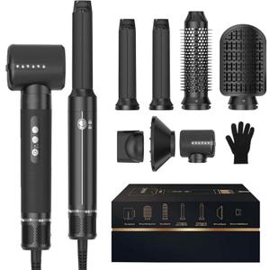 Hair Dryer Brush 7 in ONE, Powerful Blow Dryer Brush with Air Curler for Hair, Brush Blow Dryer with Diffuser, Ionic Hot Air Brush Fast Dry, Volumize, Curls, Straight, Hair Styling Tools 100-120V (Black Silver)