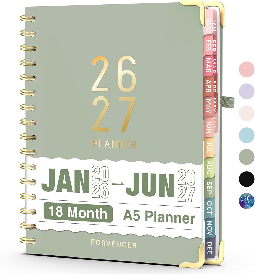 Forvencer Planner 2026-2027, 18 Month Weekly and Monthly Calendar Planner, Jan 2026 -June 2027, 6.3" x 8.4", Daily Agenda Book with Tabs, College School Supplies for Student Teacher Home, A5, Green