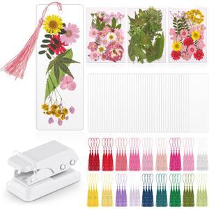 Fuyoooo 376 Pcs Dried Flower Bookmark Making Kit, DIY Bookmark Laminating Pouches with Tassels and Puncher DIY Project Gifts for Mother's Day Women Book Lovers (Pink,2 x 6 Inch)
