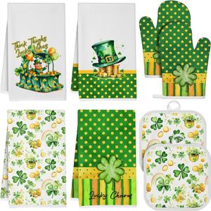 Hahafelt 8 Pcs St Patrick Day Kitchen Decor Set 4 Four Leaf Clover Dish Towel 2 Pot Holder 2 Oven Mitt Tent for Car Irish Hat Kitchen Accessories Rv Campers Home Decorations