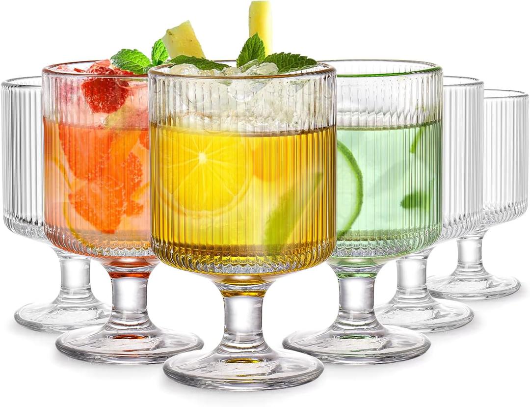 DEAYOU Set of 6 Ribbed Vintage Wine Glasses, 8 oz Clear Fluted Water Goblet Glasses, Unique Short Stem Cocktail Glasses for Iced Tea, Juice, Whiskey, Beer, Dessert, Party