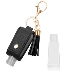 Unaone 1oz/30ml Hand Sanitizer Holder Travel Size, Empty Bottles Leather Sanitizer Holder with Keychain Portable Small Squeeze Bottle Refillable Container for Toiletry Lotion Liquid Soap Shampoo Black