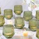 12 Pcs Large Green Votive Candle Holders- 3.15"3.15" Ribbed Green Candle Holders, Green Tea Lights Candle Holders for Green Wedding Decor, Sage Green Wedding Table Decor, Centerpieces