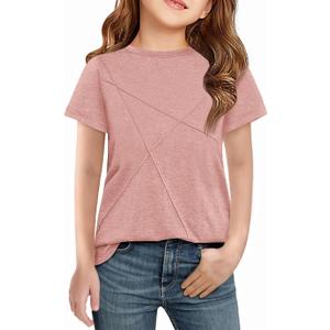 Haloumoning Girls Short Sleeve T Shirts Kids Summer Fashion Pleated Crewneck Tops Tees 5-14 Years (Pink)
