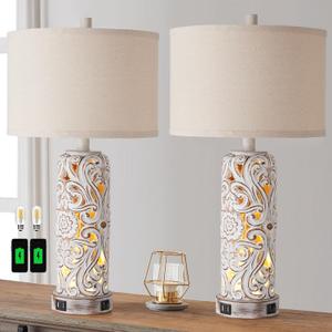 RORIANO Set of 2 Rustic Farmhouse Table Lamps for Living Room Bedroom, Vintage Bedside Lamp with Dual USB Port, Antique White Resin Retro Nightstand Lamps with Night Light