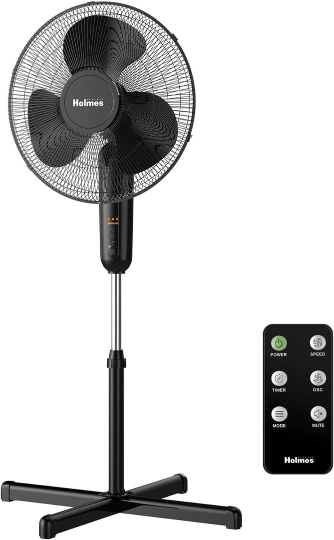 HOLMES 16" Digital Stand Fan, 80 Oscillation, 3 Speeds, 3 Modes, 7.5 Hour Timer, Adjustable Height, 30 Adjustable Head Tilt, Ideal for Home, Bedroom or Office, Remote Control, Black