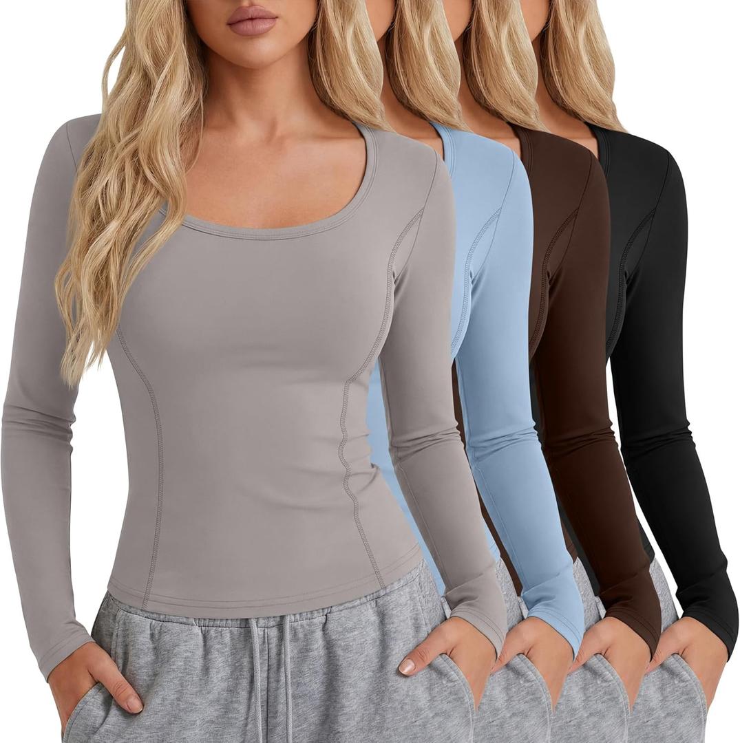 4 Pack Women's Seamless Workout Tops Scoop Neck Long Sleeve Compression Shirts Breathable Yoga Athletic Tight Shirt, Size S (Cement Gray, Sky Blue, Dark Brown, Black)