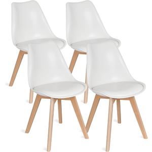 VECELO Dining Chairs Set of 4, Mid-Century Modern Kitchen & Dining Room Chairs, PU Leather Upholstered Seat, Solid Wood Legs, Armless, Non-Slip Feet, White, With Cushion