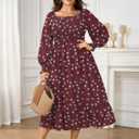 SCOMCHIC Women's Plus Size Maxi Dress Long Sleeve Square Neck Dress Casual Smocked Ruffle Swing Flowy Long Fall Dresses (Brown, XXL)