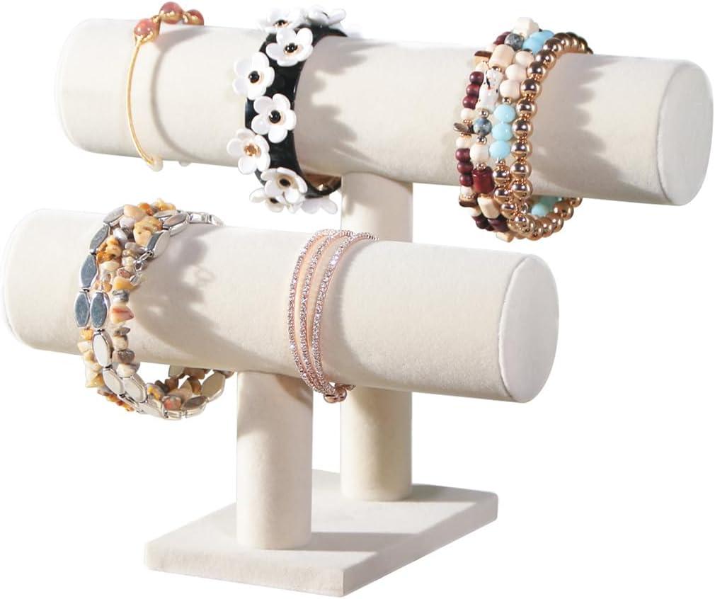 T-Bar Bracelet Holder Stand, Bracelet Jewelry Organizer Stand, Bangle Bracelet Watch Display for Selling, Scrunchie Hair Ties Jewelry Storage Rack for Women (2 Tier Beige)