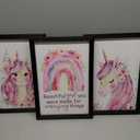 Cute Pink Unicorn Girl Quote Framed Wall Art Set of 3, Lovely Pastel Purple Rainbow Saying Sign for Baby Kid Toddlers, Cozy Watercolor Wooden Preschool Inspirational Flower Nursery Wall Decor Black