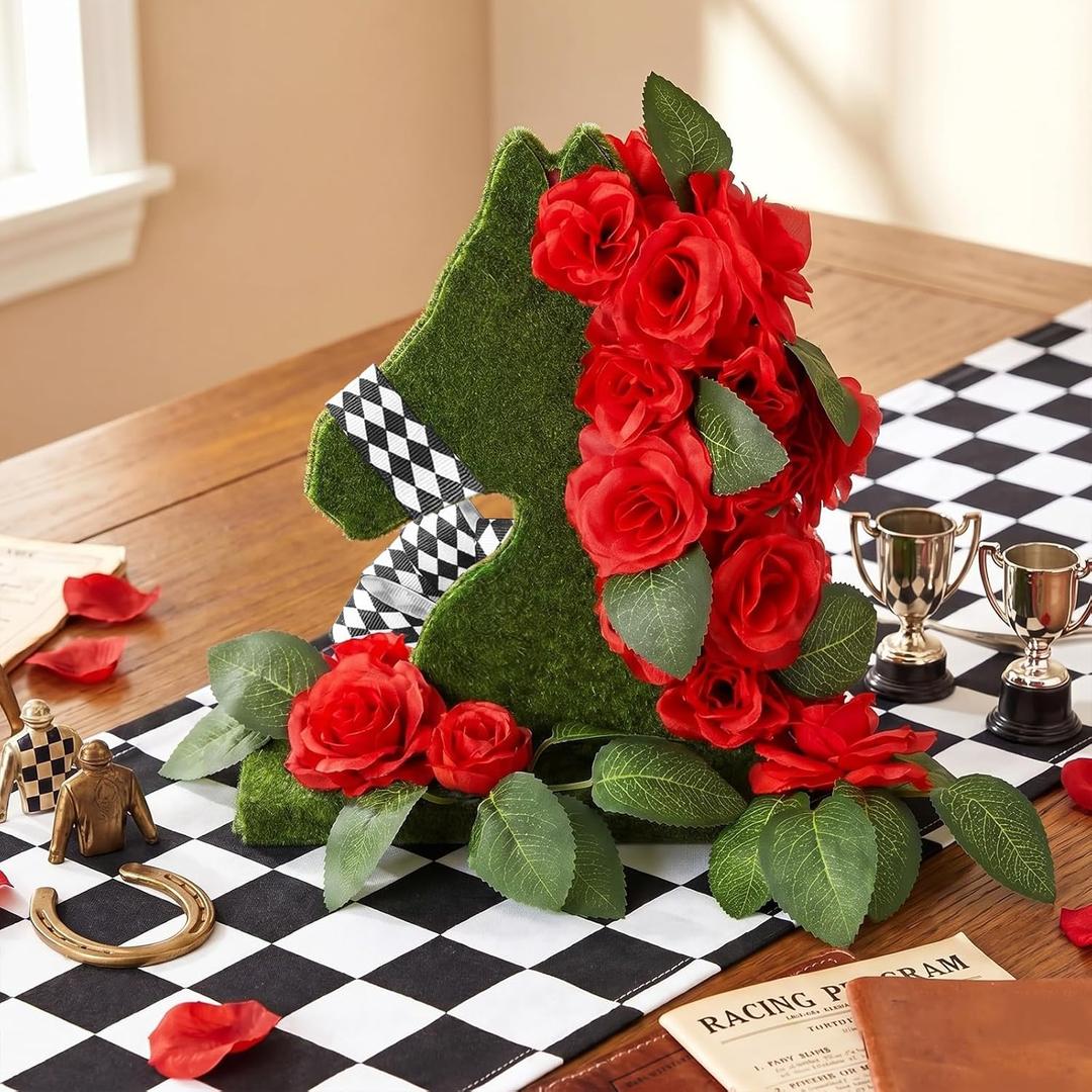 Amyhill 8'' Derby Decorations Table Centerpieces Horse Racing Wooden Horse Head Shape with Red Rose Design Derby Party Decorations Double Sided for Home Office Desk Decor Birthday Party Supplies