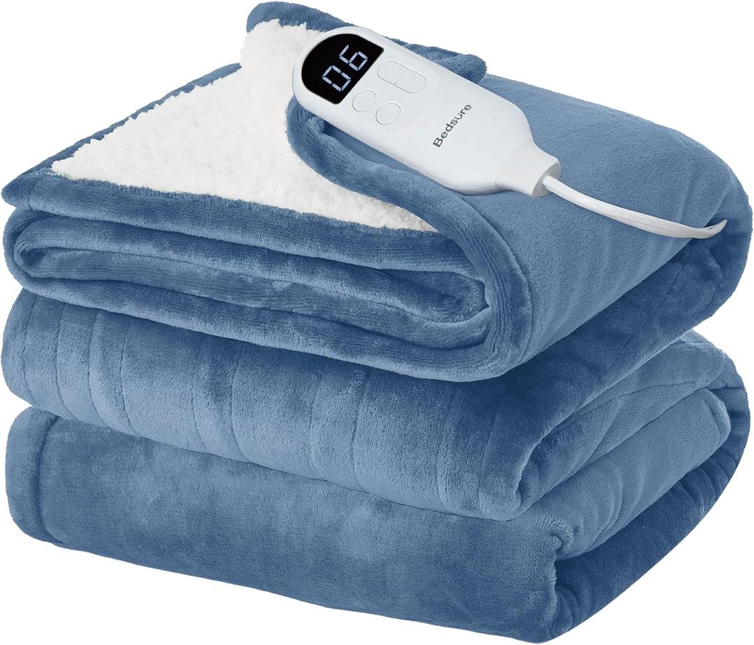 Bedsure Electric Blanket Twin with Preheat Function - Soft Flannel Heated Blanket Twin Size, Fast Heating with 6 Time Settings (Up to 10H) & 6 Heat Settings, Gifts for Grandma (62x84 inches, Blue)