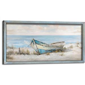 Beach Framed Wood Wall Art, Coastal Boat Picture Decor, 24x12 Inch