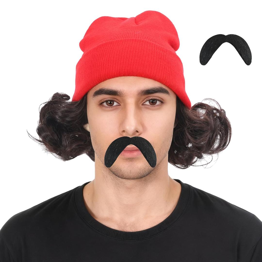 Fatmuai Short Curly Mens Red Beanie Halloween Costume Reallistic Cosplay and Performance Hair Wig with Black Mustache