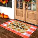 Fall Outdoor Rug Set, Hello Pumpkin Door Mat 28 x 43 in, 2 Pcs Welcome Mat Set, Orange and White Plaid Rug, Fall Front Porch Entryway Doormat Indoor Outdoor Decor, Thanksgiving Buffalo Plaid Mats (Hey There Pumpkin)