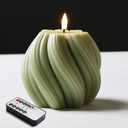 Sage Green Swirl Flameless Candles with Remote, Flickering LED Wax Candle Aesthetic Home Shelf Decor 1 Pack