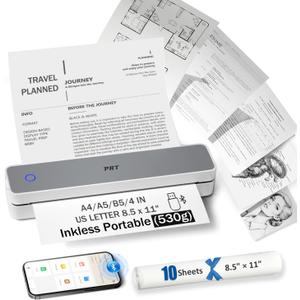 PRT Inkless Portable Printer, Wireless Thermal Printer for Travel Support 8.5"x11" US Letter & A4 B5, MT610 Small Bluetooth Mobile Printers with iOS Android Laptop for Home Car Office School, Grey