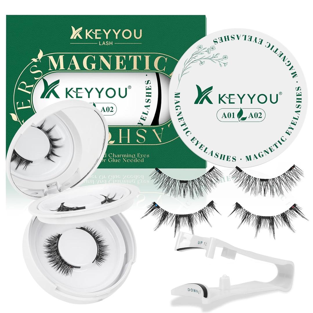 KEYYOU Daily Wear Reusable Magnetic Eyelashes 2 Pair with Applicator No Glue Needed 3D Natural Magnetic Lashes, Easy to Apply & Long Lasting for Daily Use & Events(A01+A02)