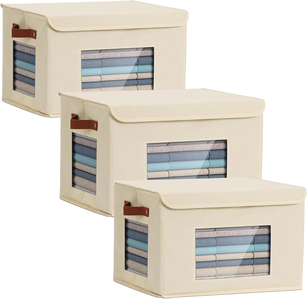 Storage Bins for Clothes, 40L Large Collapsible Stackable Closet Organizer Containers, Storage Boxes with Lids,Storage Cube Basket, Clear Windows & PU Leather Handles, Pack of 3, 17x12x12 Inch (Beige)