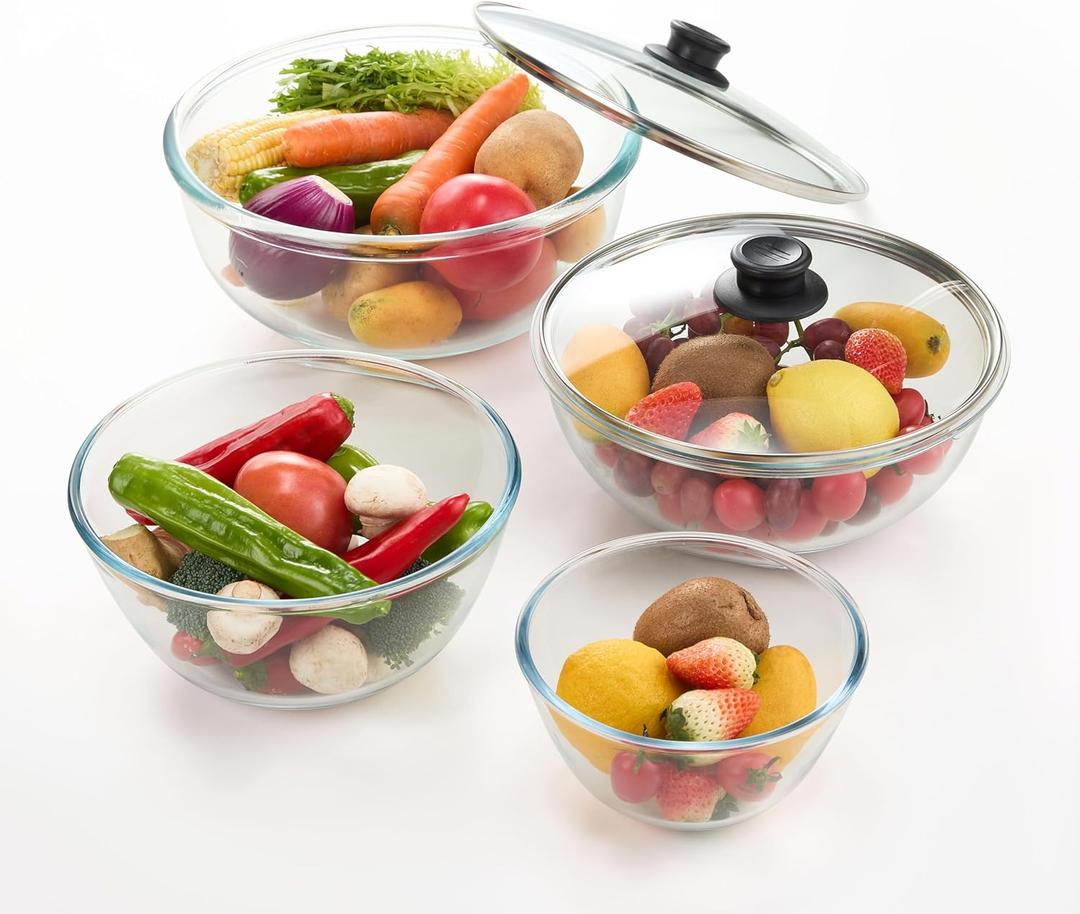 4 Pack Glass Mixing Bowl Large Kitchen Salad Bowls for Storage, Mixing, Serving - Clear, Dishwasher, Freezer Cooking,Baking,Prepping,Dishwasher Safe- Set of 4 With 2 Lids1QT,2.5QT,3.3QT,5.5QT
