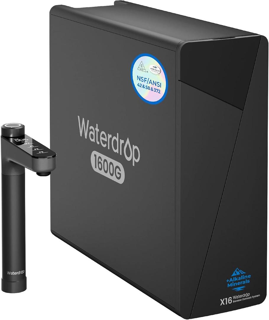 Waterdrop X16 Tankless Reverse Osmosis System, Alkaline Mineral, NSF/ANSI 42&58&372 Certified, 1600 GPD RO System, 11-Stage Filtration, UnderSink, 3:1 Pure to Drain, Smart Black Faucet, BPA Free