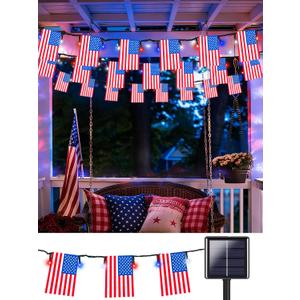 4th of July Decorations, Solar American Flag Lights Outdoor with 8 Modes, 18.8FT 25 USA Flags & 50 Red White and Blue LEDs Patriotic String Lights Waterproof for Independence Day 250th Anniversary