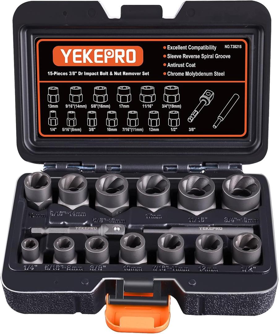 15 PCS Bolt Extractor Set, 3/8" Drive Impact Bolt & Nut Remover Socket Tool Kit, Stripped For Damaged, Frozen, Studs, Rusted, Rounded-Off Bolts, Nuts & Screws, Cr-Mo Steel, T38215
