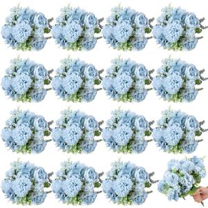 Lyrow 16 Pcs Peony Artificial Flowers Fake Silk Hydrangea Bouquet Elegant Peony Flowers for Wedding Decoration Faux Realistic Floral for Home Party Table Centerpieces Arrangement (Blue)