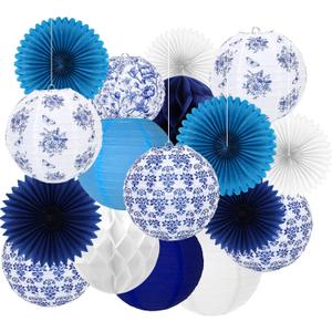 JarThenaAMCS 18Pcs Blue and White Paper Lantern Set 8 Inch Chinoiserie Porcelain Flower Hanging Lantern with 12 Inch Honeycomb Ball Paper Fan for Birthday Wedding Baby Shower Party Decor