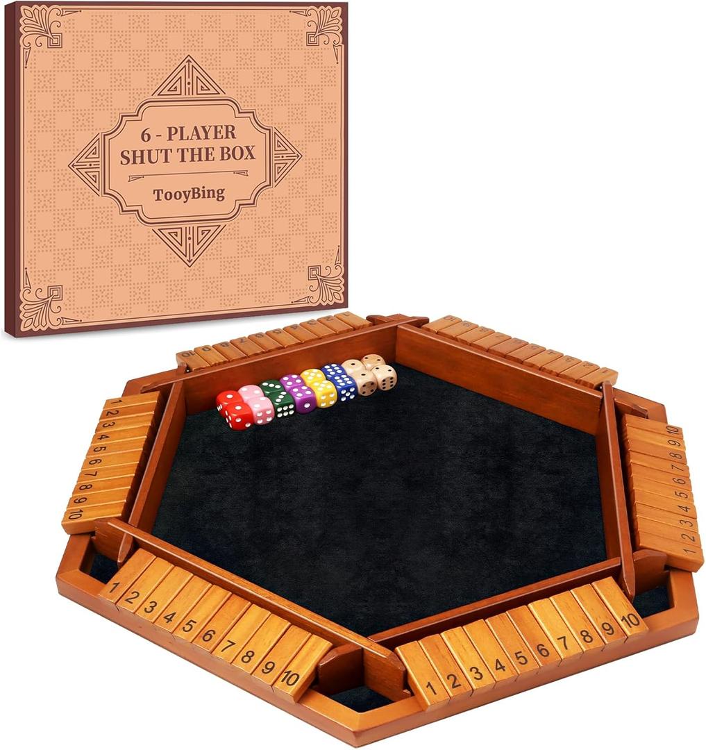 Upgraded 1-6 Players Shut The Box Dice Game, Wooden Board Table Family Game for Kids and Adults with 16 Dice, Classic Tabletop Math Game for Pub Classroom Party, Gift for Christmas Birthday