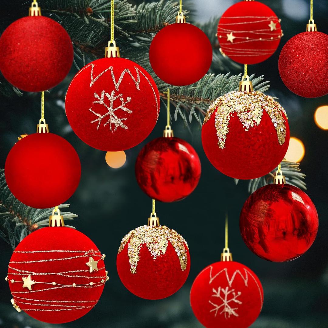 Syhood 12 Pcs Red Velvet Christmas Balls 3.15 Inch Glitter Velvet Flocked Christmas Ball Ornament Plastic Shatterproof Hanging Bauble for Xmas Tree Decor Home Wedding Holiday Winter Party Yard Decor