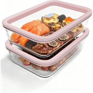 2-Pack 74oz(9.3 Cup) Baking & Meal Prep Containers, Borosilicate Glass with Tempered Lids & Steam Valve, Oven-Safe Airtight Food Storage Container Set, Gift Ready Luxury Packaging
