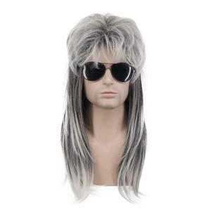 Karlery Men Mullet Wig Long Wave Grey and White 70s 80s Metal Rocker Party Wig Halloween Costume Wig