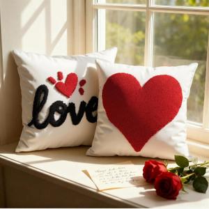 Tudomro 2 Pcs Valentine's Day Pillow Covers 18 x 18 In Red Embroidery Heart Love Pillowcover Soft Cotton Chenille Pillowcover Love Pillowcase Decoration for Home Bedroom Sofa Couch Anniversary Wedding