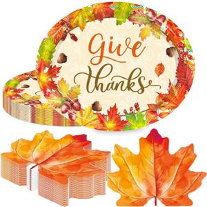Thanksgiving Paper Plates Thanksgiving Disposable Large 9" X 11" Oval Plates Maple Leaf Napkins for Harvest Give Thanks Party Tableware Supplies Holiday Decorations