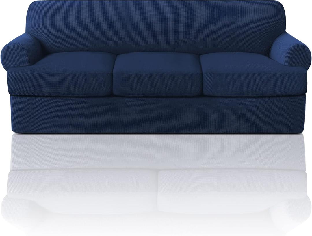 PrinceDeco T Cushion Sofa Slipcover 4 Pieces Sofa Covers for T Cushion Couch Soft Sofa Slip Covers Furniture Protector with 3 Individual T Shape Seat Covers Width Up to 90 Inch -Navy