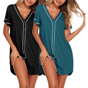 Ekouaer Nightgowns for Women 2 Pack Button Down Sleep Shirts Short Sleeve Night Shirts V Neck Sleepwear Soft Pajama Dress (Small, Black/Peacock Blue)