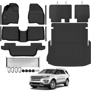 Tongama-Floor Mats for 2015-2019 Ford Explorer, All Weather TPE Trunk Mat and 2nd Row Backrest Mats Protectors and Cargo Net and Door Sill Guards for Explorer Floor Liner Accessories