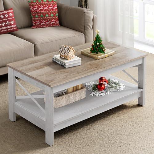 YITAHOME Coffee Tables for Living Room, Modern Farmhouse Coffee Table with Storage, 2-Tier Center Table Wood Living Room Table Accent Cocktail with Sturdy Frame, Grey Wash