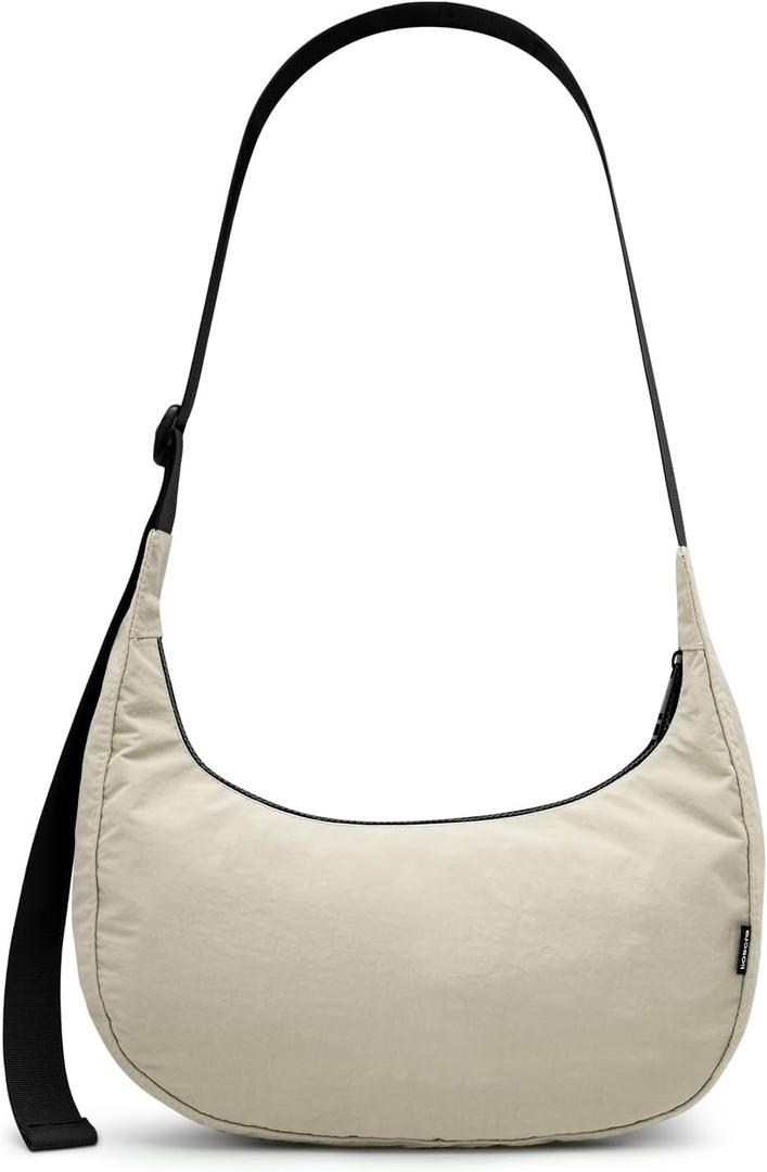 Iioscre Medium Nylon Crossbody Crescent Bag for Women Men, 2 Zippers Crossbody Hobo Bag with Adjustable Strap & Inner Pockets (Khaki)