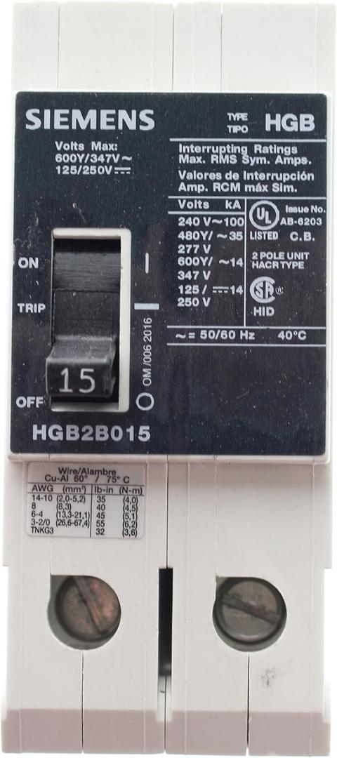 Siemens HGB3B015B Circuit Breaker, 600Y/347-Volt, 2-Pole, 15-Amp, Type HGB