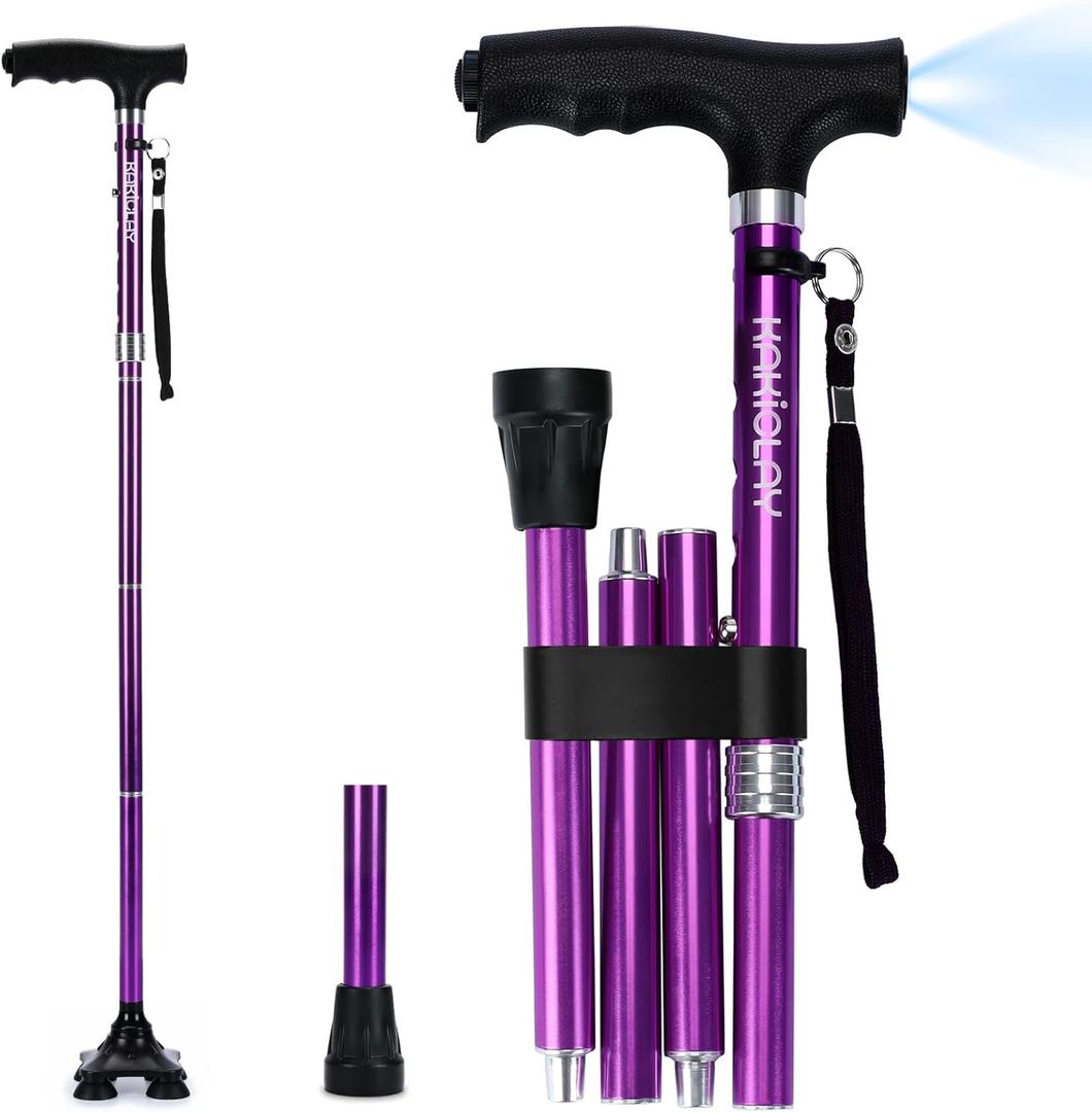 Folding Walking Cane with LED Light for Women & Men - Foldable, Adjustable, Collapsible Lightweight Aluminum Walking Stick for Seniors & Adults